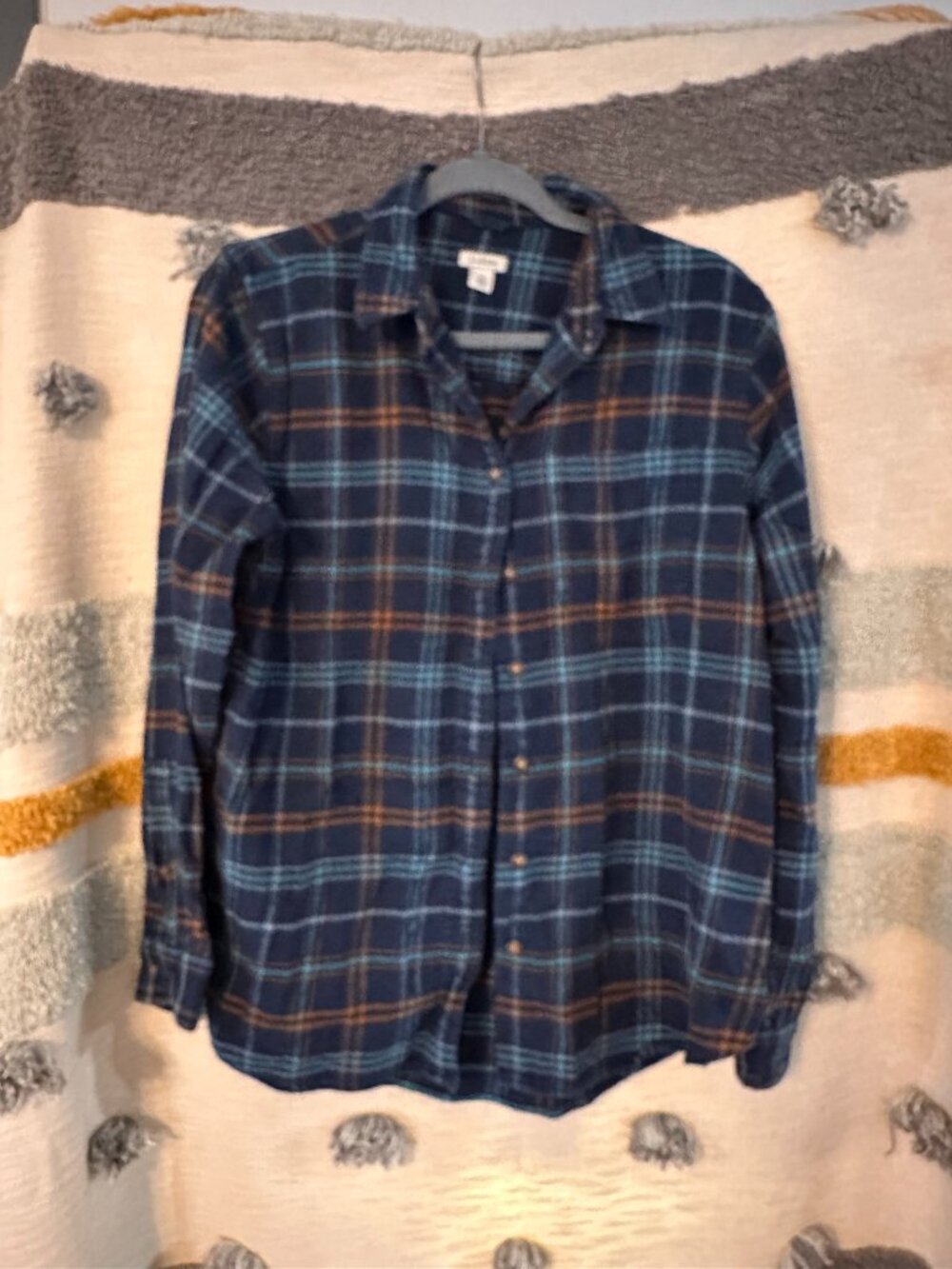 L.L. Bean Organic Cotton Flannel Plaid Button Down Shirt Navy Orange - S Reg